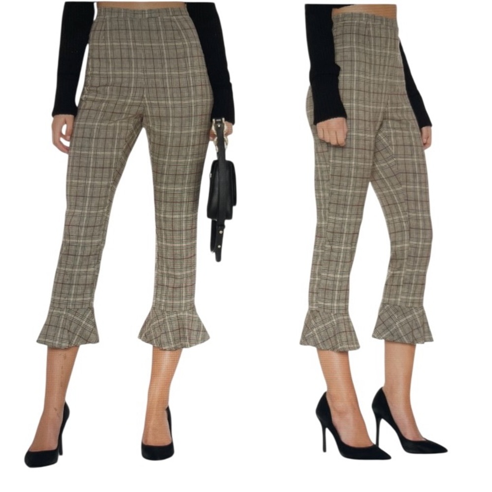 NWT BB DAKOTA New Wave Check Brown Plaid Ruffle Hem High Waist Crop Pants 10